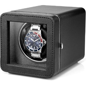 Vlando Automatic Single Watch Winder with Super Quiet Japanese Motor, 4 Rotation Mode Setting, Lychee Leather, LED Light & Type-C adapter - Black