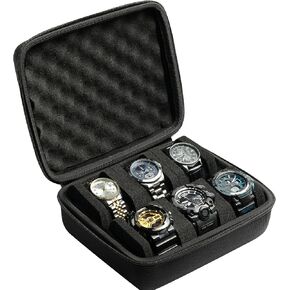 Hard 6 slots watch travel case, men's watch travel organizer, hard watch box for display and organization (Black, 6 slot with 2 compartment)