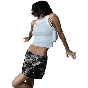 Women Glitter Belly Dance Skirt Tassel Fringe Hip Scarf High Waist Sparkly Party Mini Sequin Skirts