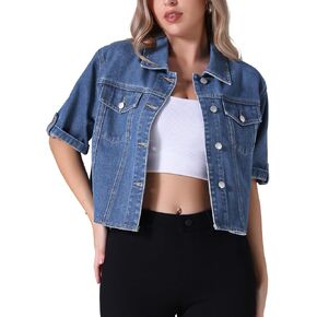 Women's Summer Short Sleeve Denim Jackets Collared Button Up Cropped Jean Jacket