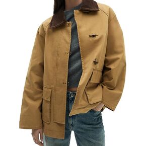 Lumister Womens Oversized Barn Jacket Contrasting Lapel Collar Retro Button Down Casual Canvas Coat Outwear