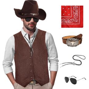 6Pcs Western Outfits for Men Cowboy 70s Hippie Slim Fit Vest Pocket Casual Hat Bandana Accessories for Costume Party