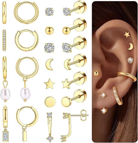 WAINIS 11 Pairs Hypoallergenic 316L Surgical Steel Flat Back Earrings Set for Multiple Piercings Comfortable Tiny Cartilage Flatback Studs for Women, 20G - Gold/Silver in Saudi Arabia