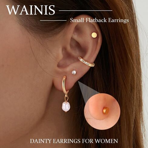 WAINIS 11 Pairs Hypoallergenic 316L Surgical Steel Flat Back Earrings Set for Multiple Piercings Comfortable Tiny Cartilage Flatback Studs for Women, 20G - Gold/Silver in Saudi Arabia