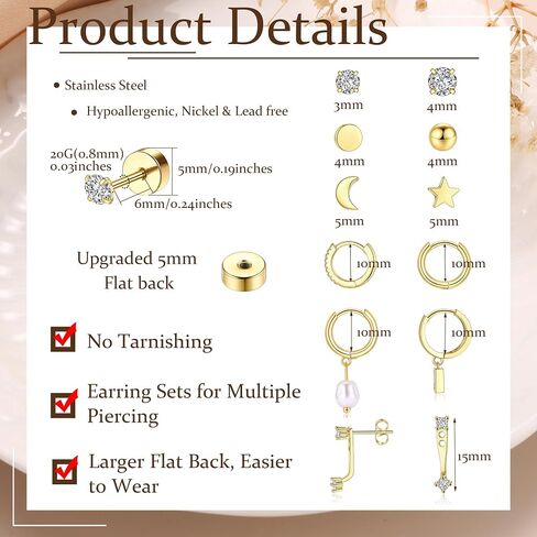 WAINIS 11 Pairs Hypoallergenic 316L Surgical Steel Flat Back Earrings Set for Multiple Piercings Comfortable Tiny Cartilage Flatback Studs for Women, 20G - Gold/Silver in Saudi Arabia