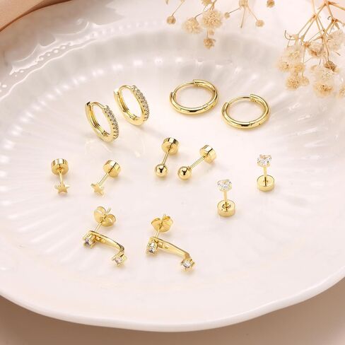 WAINIS 11 Pairs Hypoallergenic 316L Surgical Steel Flat Back Earrings Set for Multiple Piercings Comfortable Tiny Cartilage Flatback Studs for Women, 20G - Gold/Silver in Saudi Arabia