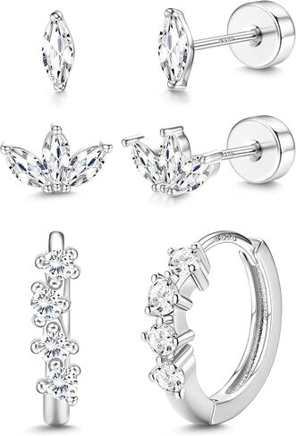 Sterling Silver Flat Back Earrings for Women Trendy Small Hoop Huggie Earrings CZ Cartilage Stud Earrings Set White Gold Plated Tragus Helix Earrings Piercing Jewelrys in Kuwait
