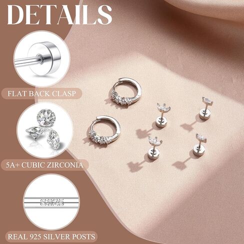 Sterling Silver Flat Back Earrings for Women Trendy Small Hoop Huggie Earrings CZ Cartilage Stud Earrings Set White Gold Plated Tragus Helix Earrings Piercing Jewelrys in Kuwait