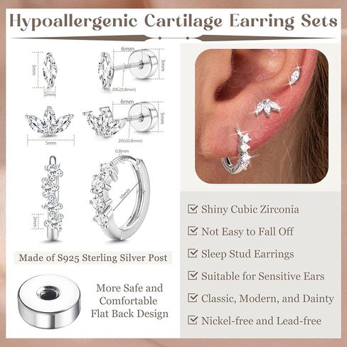 Sterling Silver Flat Back Earrings for Women Trendy Small Hoop Huggie Earrings CZ Cartilage Stud Earrings Set White Gold Plated Tragus Helix Earrings Piercing Jewelrys in Kuwait