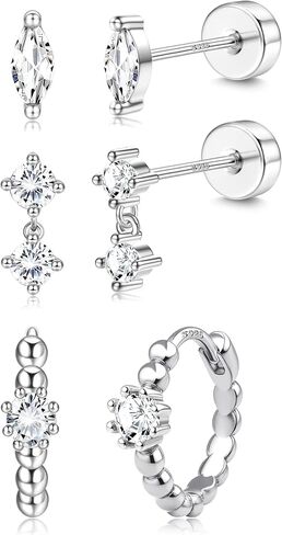 Sterling Silver Flat Back Earrings for Women Trendy Small Hoop Huggie Earrings CZ Cartilage Stud Earrings Set White Gold Plated Tragus Helix Earrings Piercing Jewelrys in Kuwait