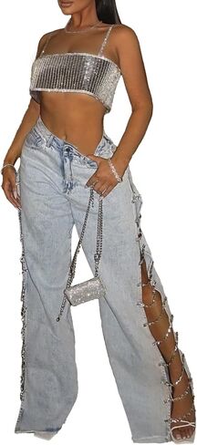 Sexyshine Women's High Waist Diamond Rhinestone Lace Up Jeans Hollow Out Bandage Split Wide Leg Fringe Hem Denim Pants in Kuwait