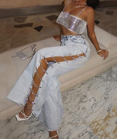 Sexyshine Women's High Waist Diamond Rhinestone Lace Up Jeans Hollow Out Bandage Split Wide Leg Fringe Hem Denim Pants in Kuwait