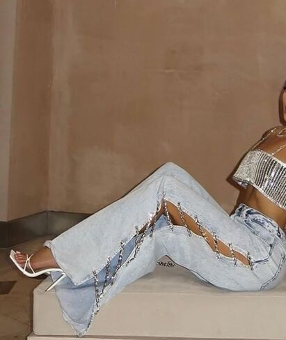 Sexyshine Women's High Waist Diamond Rhinestone Lace Up Jeans Hollow Out Bandage Split Wide Leg Fringe Hem Denim Pants in Kuwait