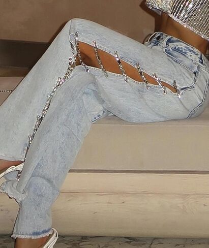 Sexyshine Women's High Waist Diamond Rhinestone Lace Up Jeans Hollow Out Bandage Split Wide Leg Fringe Hem Denim Pants in Kuwait