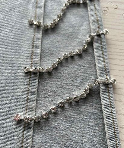Sexyshine Women's High Waist Diamond Rhinestone Lace Up Jeans Hollow Out Bandage Split Wide Leg Fringe Hem Denim Pants in Kuwait