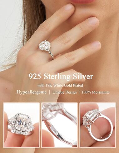 5ct Moissanite Engagement Ring for Women,3 Stone Emerald Cut D Color VVS1,S925 Sterling Silver with 18K White Gold Plated promise anniversary Vintage Wedding Band Valentine's Day Gift in Saudi Arabia
