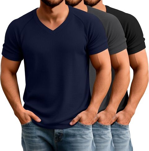 Riyiper 3 Pack Men's Muscle T Shirts Slim Fit Workout Bodybuilding Tees Ribbed Knit Textured V Neck Short Sleeve Tee Shirts in Saudi Arabia