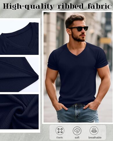 Riyiper 3 Pack Men's Muscle T Shirts Slim Fit Workout Bodybuilding Tees Ribbed Knit Textured V Neck Short Sleeve Tee Shirts in Saudi Arabia
