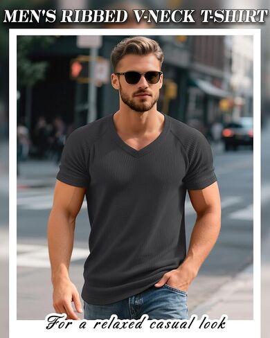 Riyiper 3 Pack Men's Muscle T Shirts Slim Fit Workout Bodybuilding Tees Ribbed Knit Textured V Neck Short Sleeve Tee Shirts in Saudi Arabia