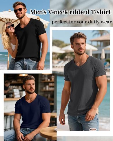 Riyiper 3 Pack Men's Muscle T Shirts Slim Fit Workout Bodybuilding Tees Ribbed Knit Textured V Neck Short Sleeve Tee Shirts in Saudi Arabia