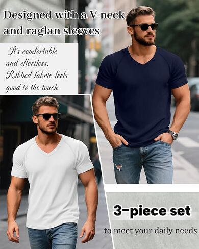 Riyiper 3 Pack Men's Muscle T Shirts Slim Fit Workout Bodybuilding Tees Ribbed Knit Textured V Neck Short Sleeve Tee Shirts in Saudi Arabia