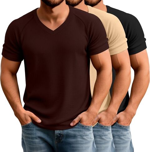 Riyiper 3 Pack Men's Muscle T Shirts Slim Fit Workout Bodybuilding Tees Ribbed Knit Textured V Neck Short Sleeve Tee Shirts in Saudi Arabia