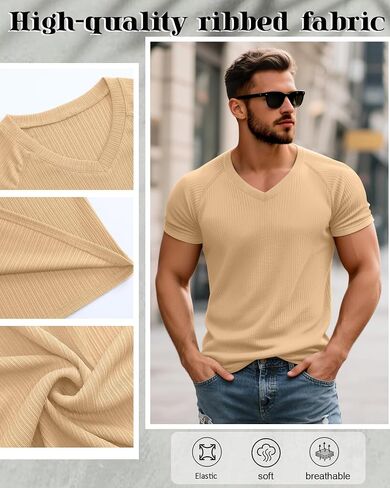 Riyiper 3 Pack Men's Muscle T Shirts Slim Fit Workout Bodybuilding Tees Ribbed Knit Textured V Neck Short Sleeve Tee Shirts in Saudi Arabia