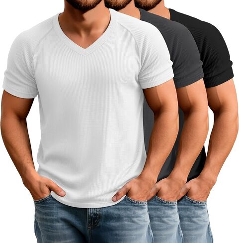 Riyiper 3 Pack Men's Muscle T Shirts Slim Fit Workout Bodybuilding Tees Ribbed Knit Textured V Neck Short Sleeve Tee Shirts in Kuwait