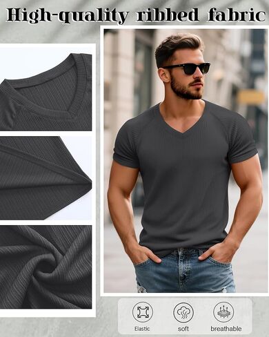 Riyiper 3 Pack Men's Muscle T Shirts Slim Fit Workout Bodybuilding Tees Ribbed Knit Textured V Neck Short Sleeve Tee Shirts in Kuwait