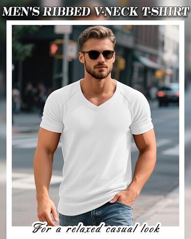 Riyiper 3 Pack Men's Muscle T Shirts Slim Fit Workout Bodybuilding Tees Ribbed Knit Textured V Neck Short Sleeve Tee Shirts in Kuwait