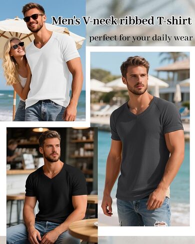 Riyiper 3 Pack Men's Muscle T Shirts Slim Fit Workout Bodybuilding Tees Ribbed Knit Textured V Neck Short Sleeve Tee Shirts in Kuwait