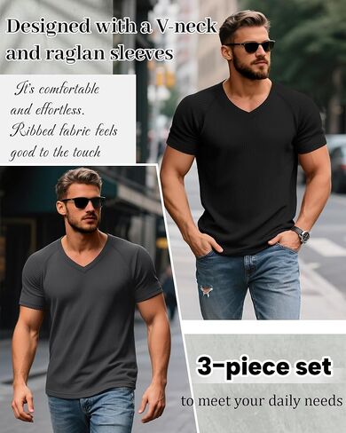 Riyiper 3 Pack Men's Muscle T Shirts Slim Fit Workout Bodybuilding Tees Ribbed Knit Textured V Neck Short Sleeve Tee Shirts in Kuwait