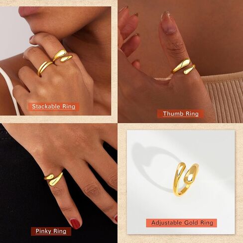 Gold Chunky Rings for Women Non Tarnish, 14K Gold Plated Adjustable Rings for Statement, Stackable Thumb Pinky Bands Comfort Fit Size 5-11 for Jewelry Gift in Kuwait