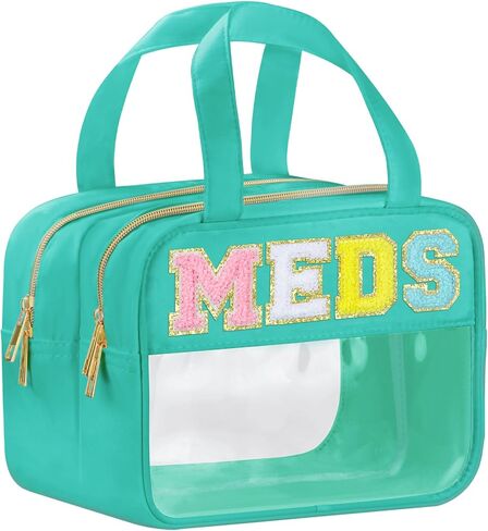 Chenille Letter Clear Medicine Bags, Makeup Bag for Travel, Preppy Patch Nylon Cosmetic Meds Pouch with Handles and Zipper, Waterproof Large Clear Travel Toiletry Purse Storage for Women Green in Saudi Arabia