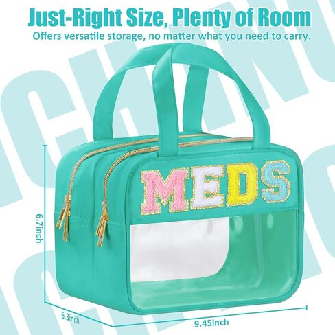 Chenille Letter Clear Medicine Bags, Makeup Bag for Travel, Preppy Patch Nylon Cosmetic Meds Pouch with Handles and Zipper, Waterproof Large Clear Travel Toiletry Purse Storage for Women Green in Saudi Arabia