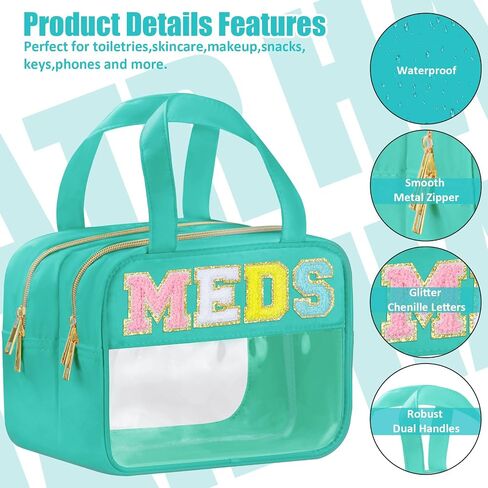 Chenille Letter Clear Medicine Bags, Makeup Bag for Travel, Preppy Patch Nylon Cosmetic Meds Pouch with Handles and Zipper, Waterproof Large Clear Travel Toiletry Purse Storage for Women Green in Saudi Arabia