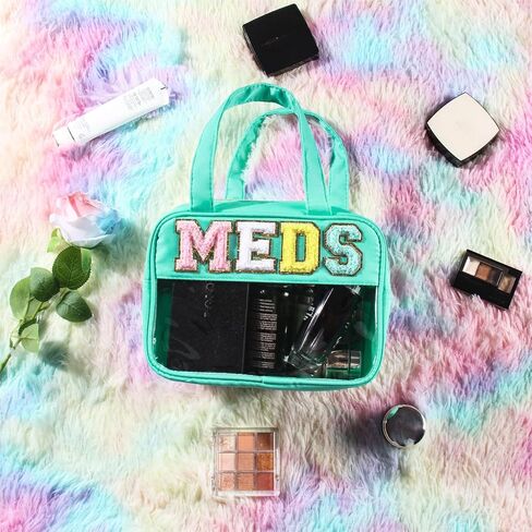 Chenille Letter Clear Medicine Bags, Makeup Bag for Travel, Preppy Patch Nylon Cosmetic Meds Pouch with Handles and Zipper, Waterproof Large Clear Travel Toiletry Purse Storage for Women Green in Saudi Arabia