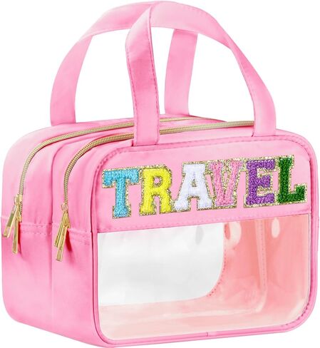 Chenille Letter Clear Medicine Bags, Makeup Bag for Travel, Preppy Patch Nylon Cosmetic Meds Pouch with Handles and Zipper, Waterproof Large Clear Travel Toiletry Purse Storage for Women Green in Saudi Arabia