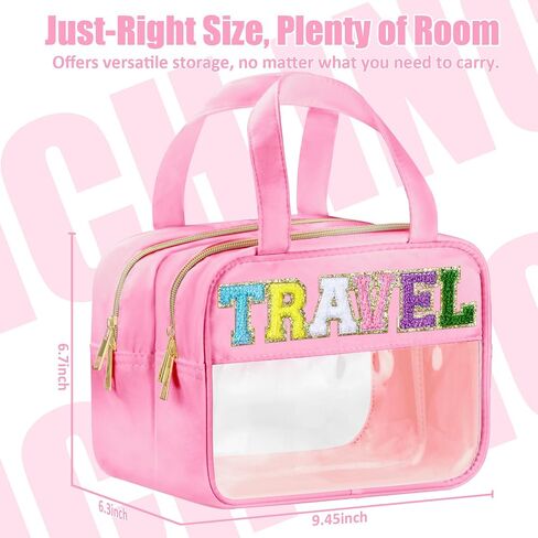 Chenille Letter Clear Medicine Bags, Makeup Bag for Travel, Preppy Patch Nylon Cosmetic Meds Pouch with Handles and Zipper, Waterproof Large Clear Travel Toiletry Purse Storage for Women Green in Saudi Arabia