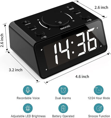 Kwanwa Dual Clock Clock - صوت قابل للتسجيل ، سطوع LED قابل للتعديل ، 12/24 ساعة ، اللاسلكي ، غفوة ، يتم تشغيل البطارية للبالغين وغرفة النوم in Saudi Arabia