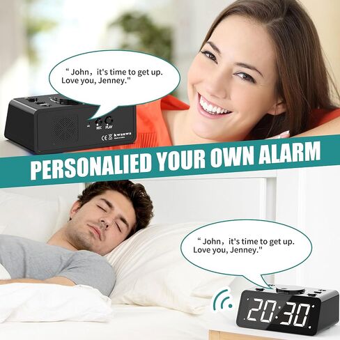 Kwanwa Dual Clock Clock - صوت قابل للتسجيل ، سطوع LED قابل للتعديل ، 12/24 ساعة ، اللاسلكي ، غفوة ، يتم تشغيل البطارية للبالغين وغرفة النوم in Saudi Arabia
