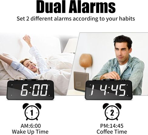 Kwanwa Dual Clock Clock - صوت قابل للتسجيل ، سطوع LED قابل للتعديل ، 12/24 ساعة ، اللاسلكي ، غفوة ، يتم تشغيل البطارية للبالغين وغرفة النوم in Saudi Arabia