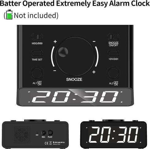 Kwanwa Dual Clock Clock - صوت قابل للتسجيل ، سطوع LED قابل للتعديل ، 12/24 ساعة ، اللاسلكي ، غفوة ، يتم تشغيل البطارية للبالغين وغرفة النوم in Saudi Arabia