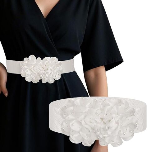 Wide Elastic Flower Belt Stretchy Pearl Waist Belt Stylish Jewelry Accessory for Women Dress in Saudi Arabia