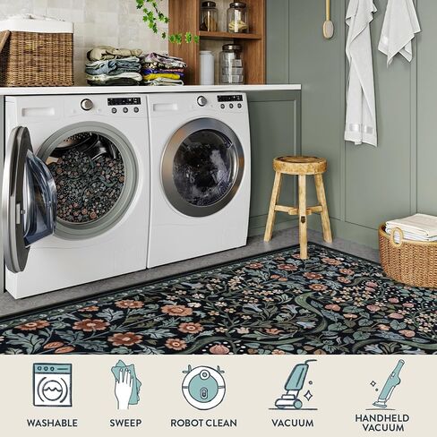 Lahome Floral 5x7 Living Room Rugs, Green Machine Washable Area Rugs for Bedroom Rubber Backed, Botanical Thin Stain-Resistant Carpet for Dining Room, Guestroom, Kids Room in Saudi Arabia