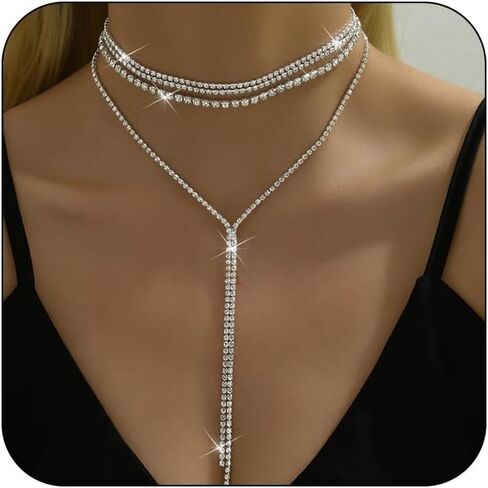 Boho Layered Necklaces for Women Fashion Y Long Neckalce Prom Shinny Black Gold Silver Rhinestones Choker Necklace Dainty Crystal Choker Halloween Christmas Necklace for Women Wedding Bridal Jewerly in Kuwait