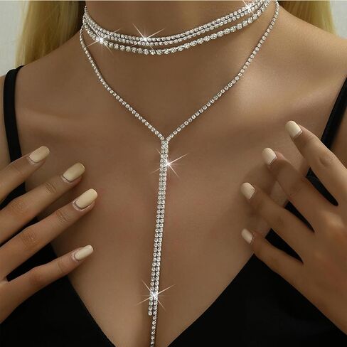 Boho Layered Necklaces for Women Fashion Y Long Neckalce Prom Shinny Black Gold Silver Rhinestones Choker Necklace Dainty Crystal Choker Halloween Christmas Necklace for Women Wedding Bridal Jewerly in Kuwait