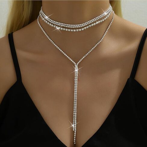 Boho Layered Necklaces for Women Fashion Y Long Neckalce Prom Shinny Black Gold Silver Rhinestones Choker Necklace Dainty Crystal Choker Halloween Christmas Necklace for Women Wedding Bridal Jewerly in Kuwait