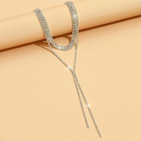 Boho Layered Necklaces for Women Fashion Y Long Neckalce Prom Shinny Black Gold Silver Rhinestones Choker Necklace Dainty Crystal Choker Halloween Christmas Necklace for Women Wedding Bridal Jewerly in Kuwait