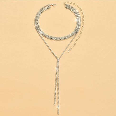 Boho Layered Necklaces for Women Fashion Y Long Neckalce Prom Shinny Black Gold Silver Rhinestones Choker Necklace Dainty Crystal Choker Halloween Christmas Necklace for Women Wedding Bridal Jewerly in Kuwait